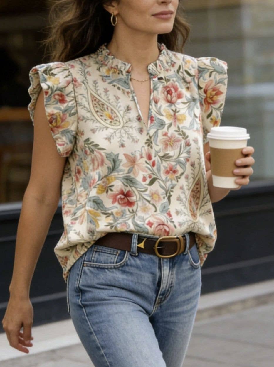 Retro floral print shirt ruffle flutter sleeve blouse