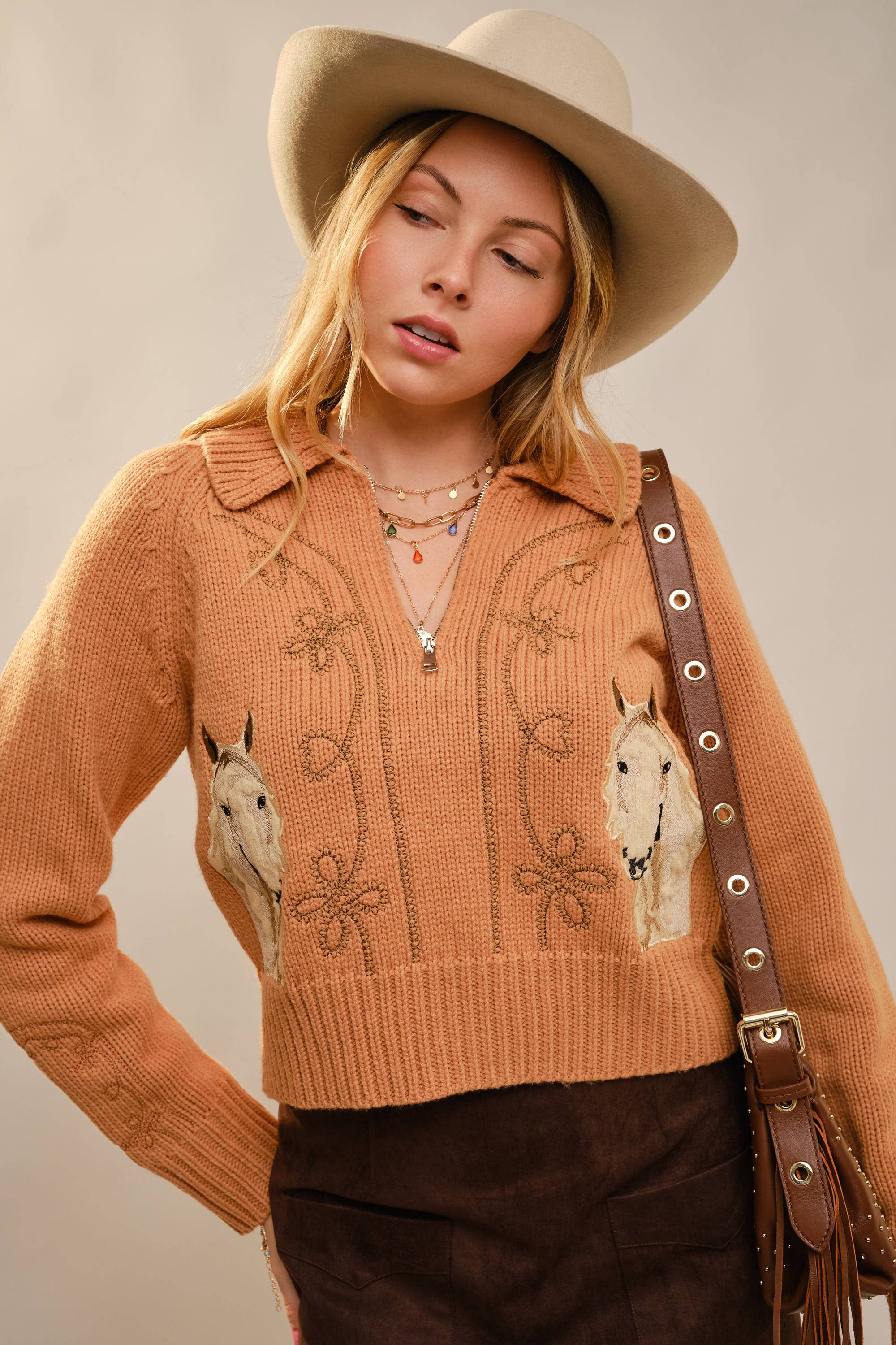37044W - Horse Embroidered Zip Up Mock Neck Sweater