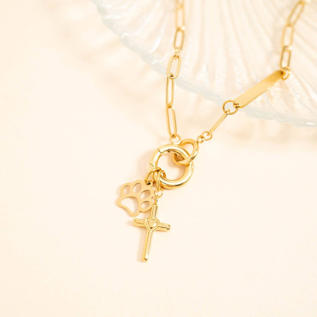 18K Gold PVD Stainless Steel Heart in Cross Charm