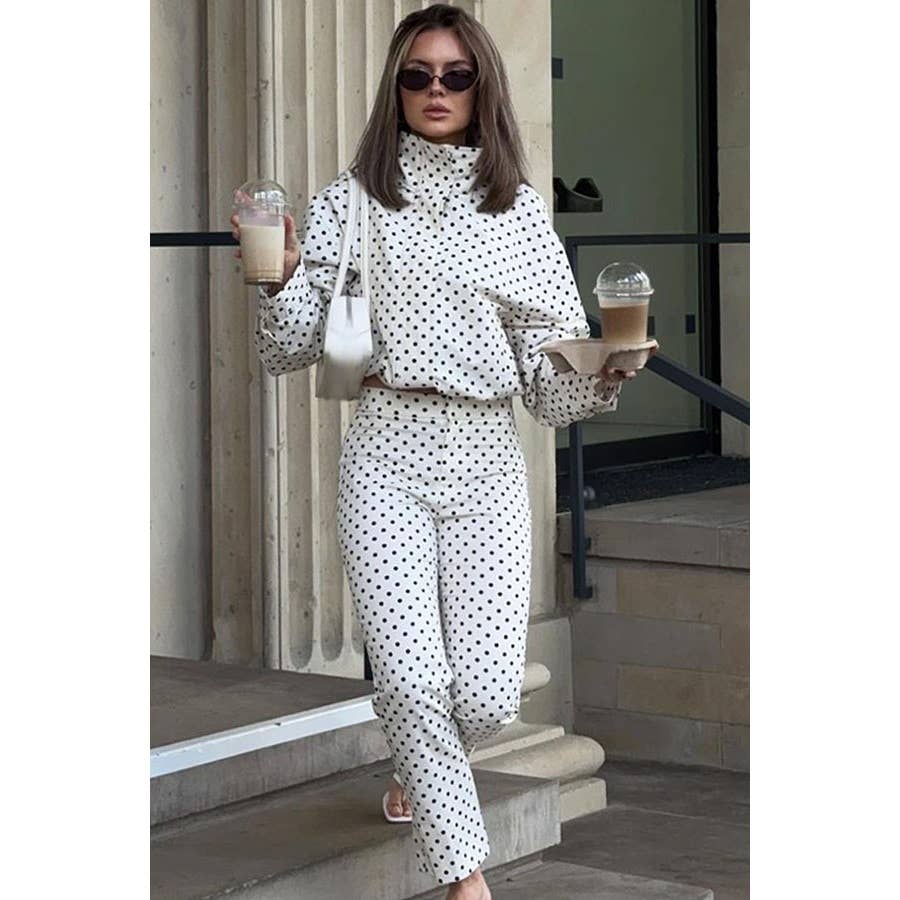 Turtleneck Zipper Polka Dot Printed Jacket