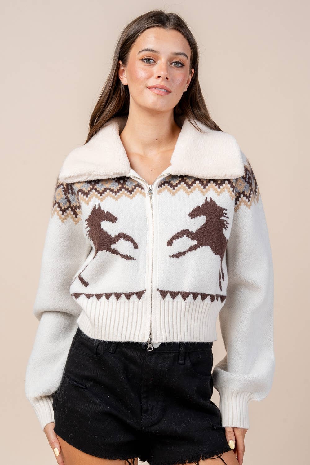 CG60059B / ZIP FRONT CARDIGAN SWEATER W/ FUR COLLAR