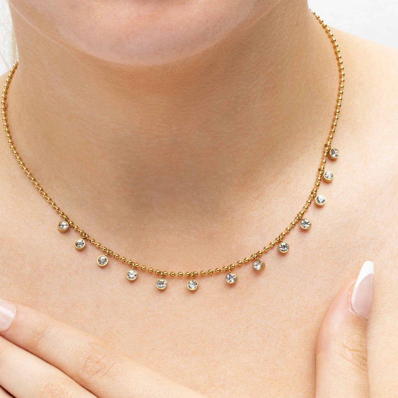 18K Gold PVD Stainless Steal Round Stone Dangle Necklace