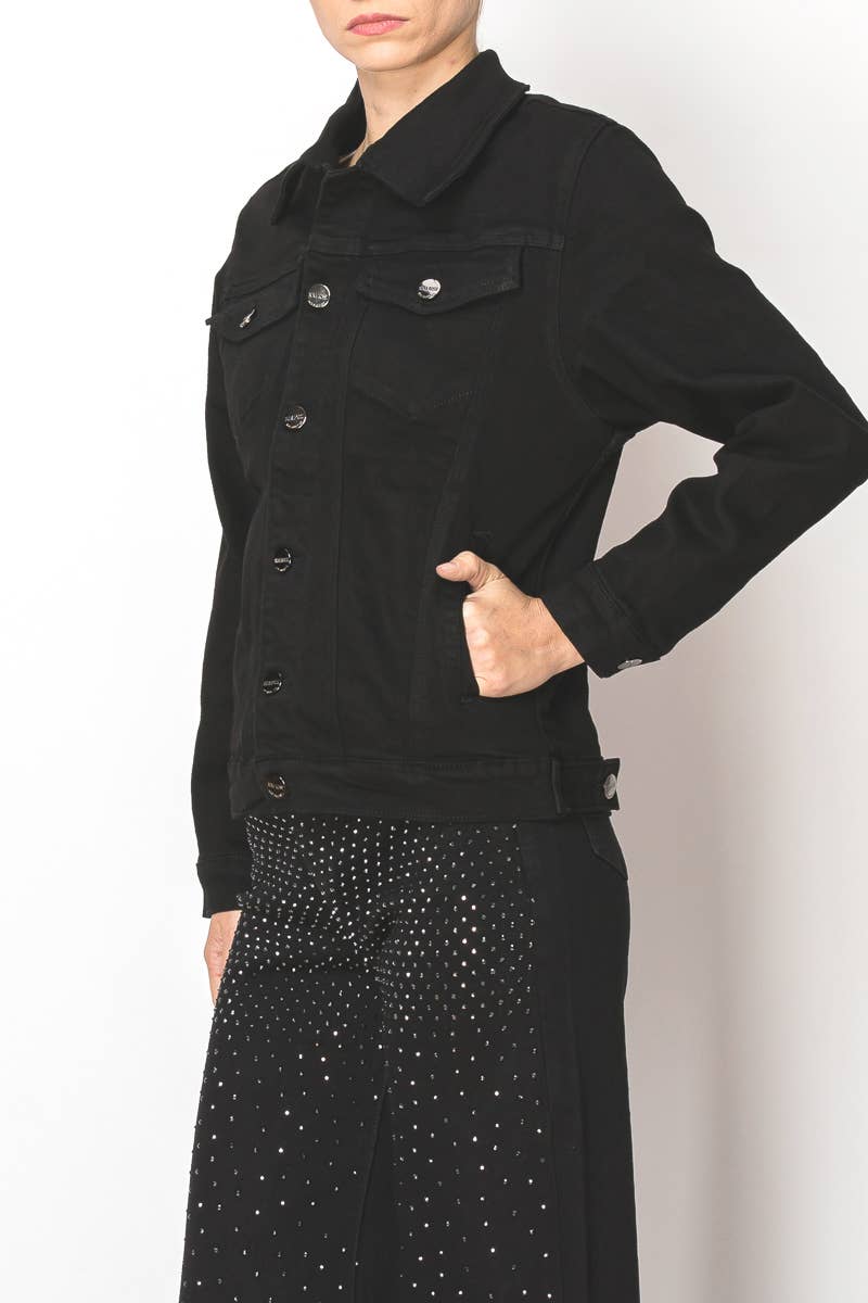 JZ23410 BLK - Black denim button down jacket