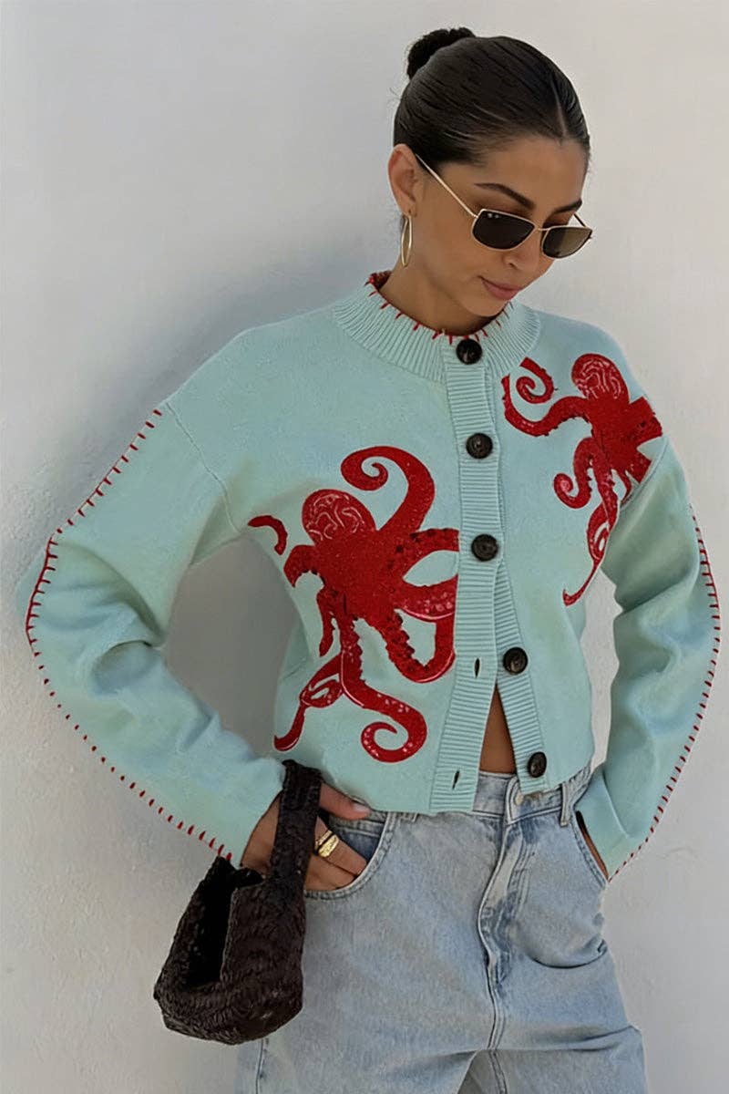 Octopus Embellished Button-Up Cardigan