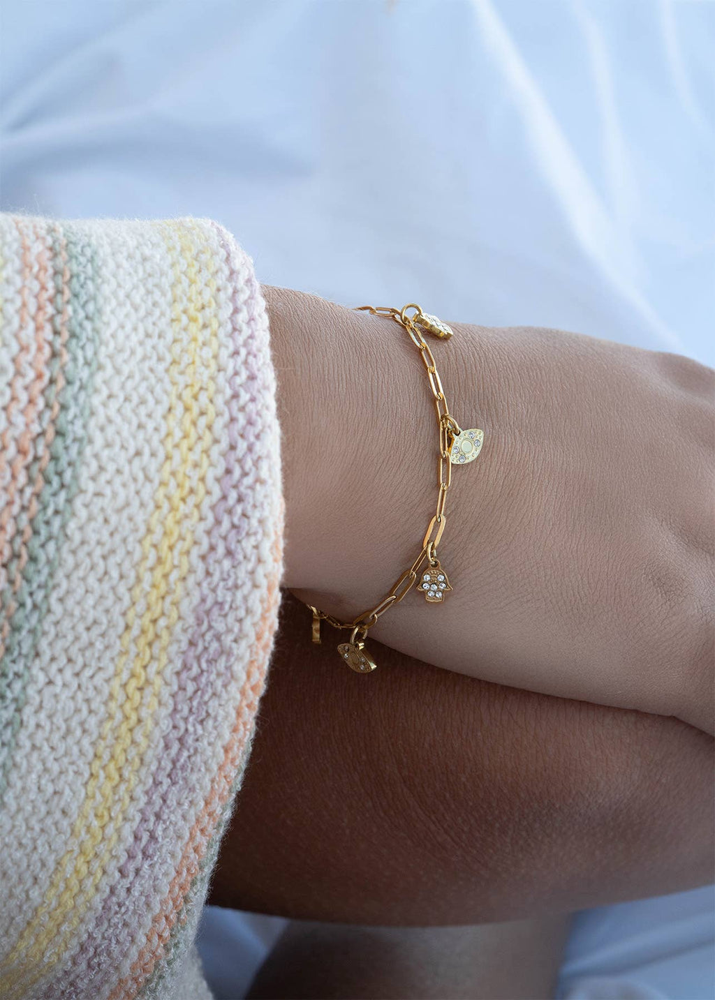 18K Gold PVD Hamsa & Evil Eye Paperclip Chain Charm Bracelet