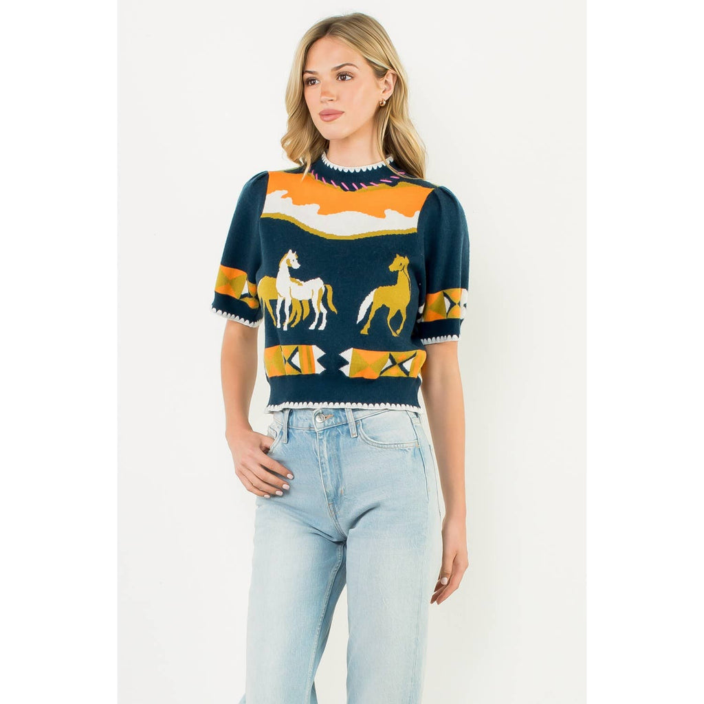 Short Sleeve Horse Detail Top