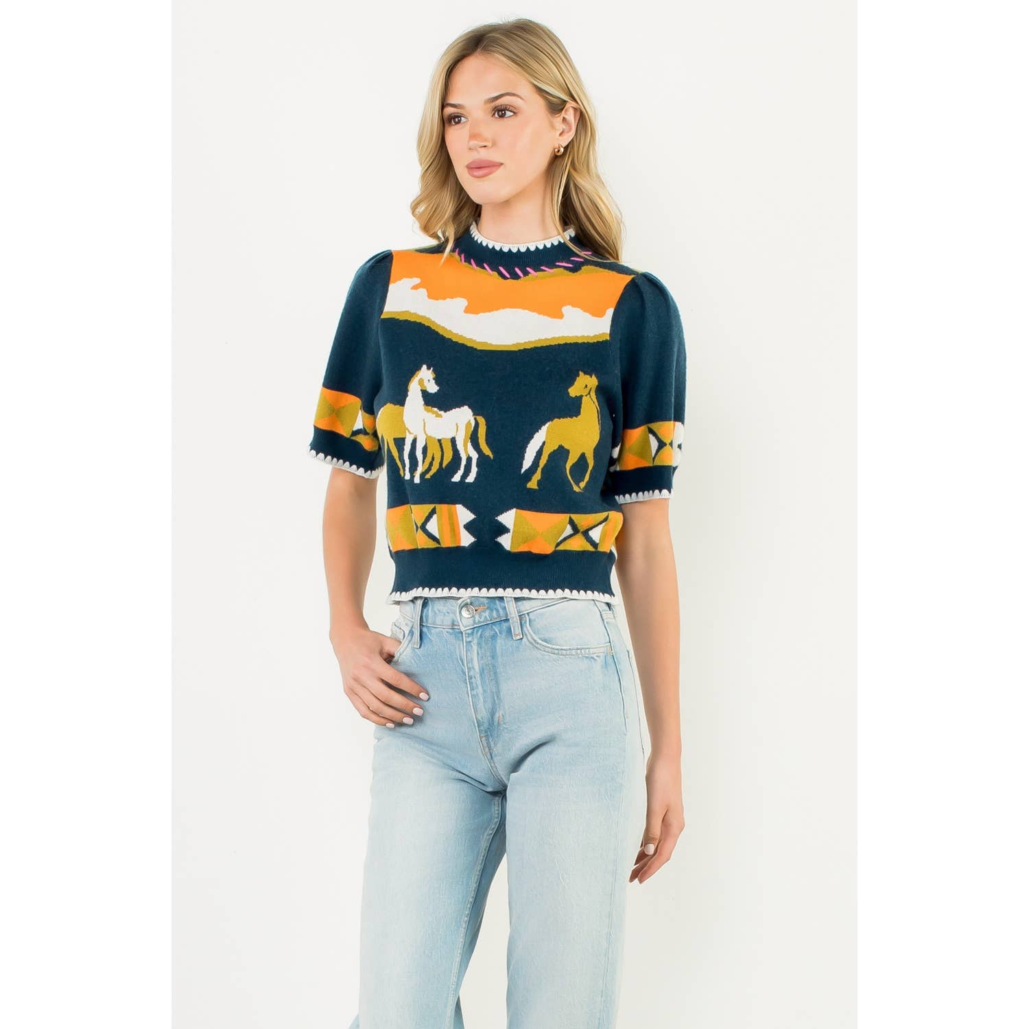 Short Sleeve Horse Detail Top