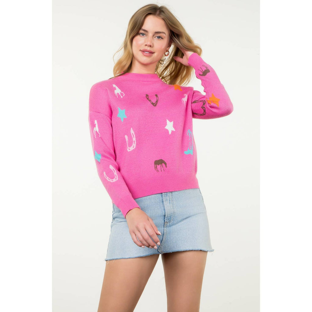 Western Motif Long Sleeve Knit Sweater