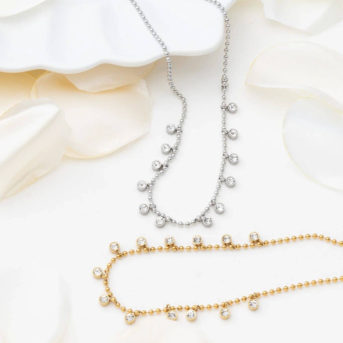 18K Gold PVD Stainless Steal Round Stone Dangle Necklace