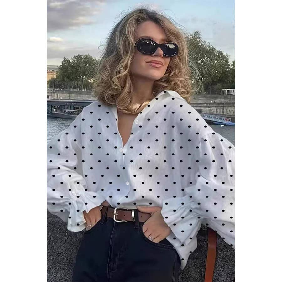 Drop Shoulder Loose Casual Polka Dot Shirt