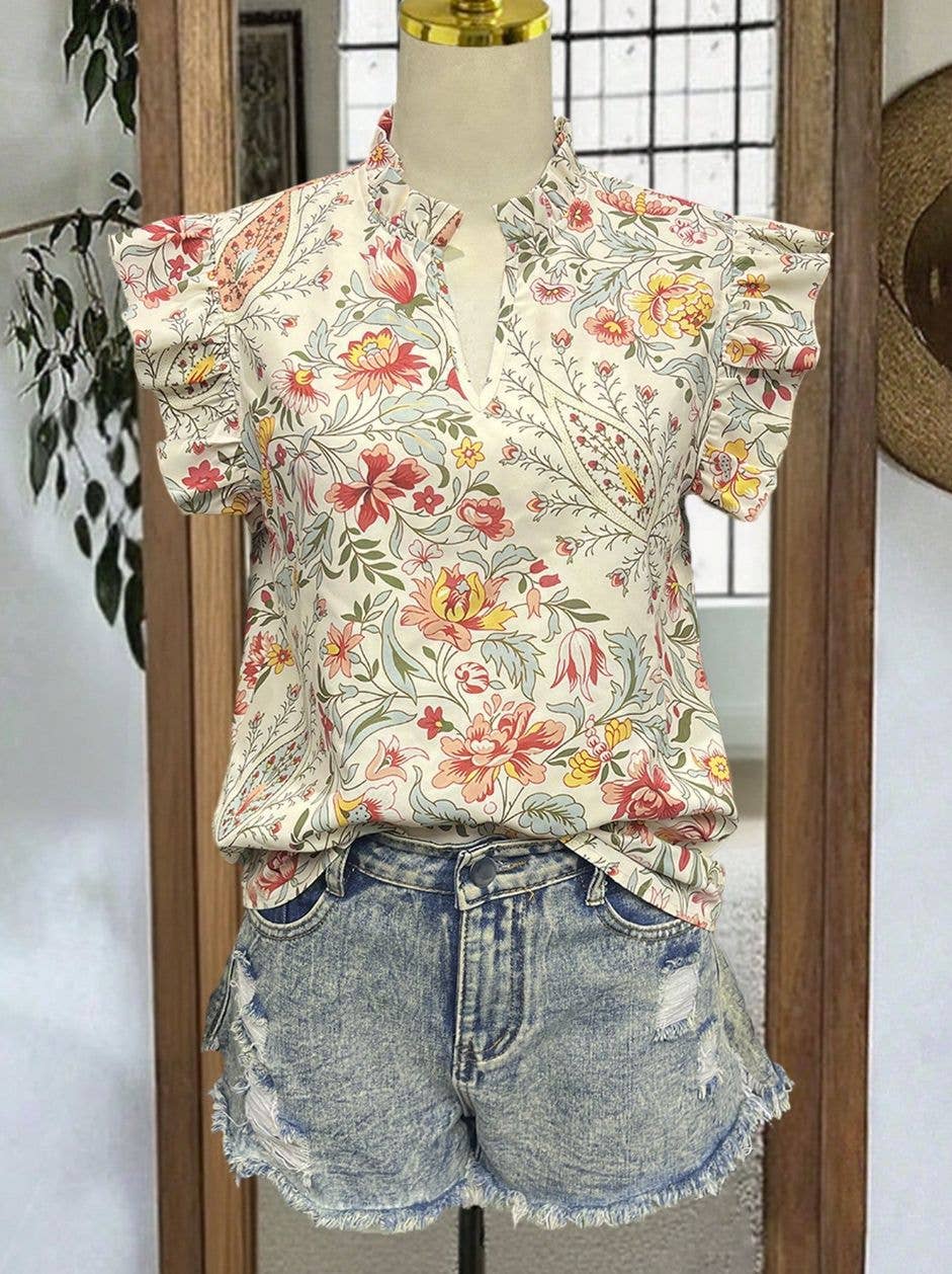 Retro floral print shirt ruffle flutter sleeve blouse