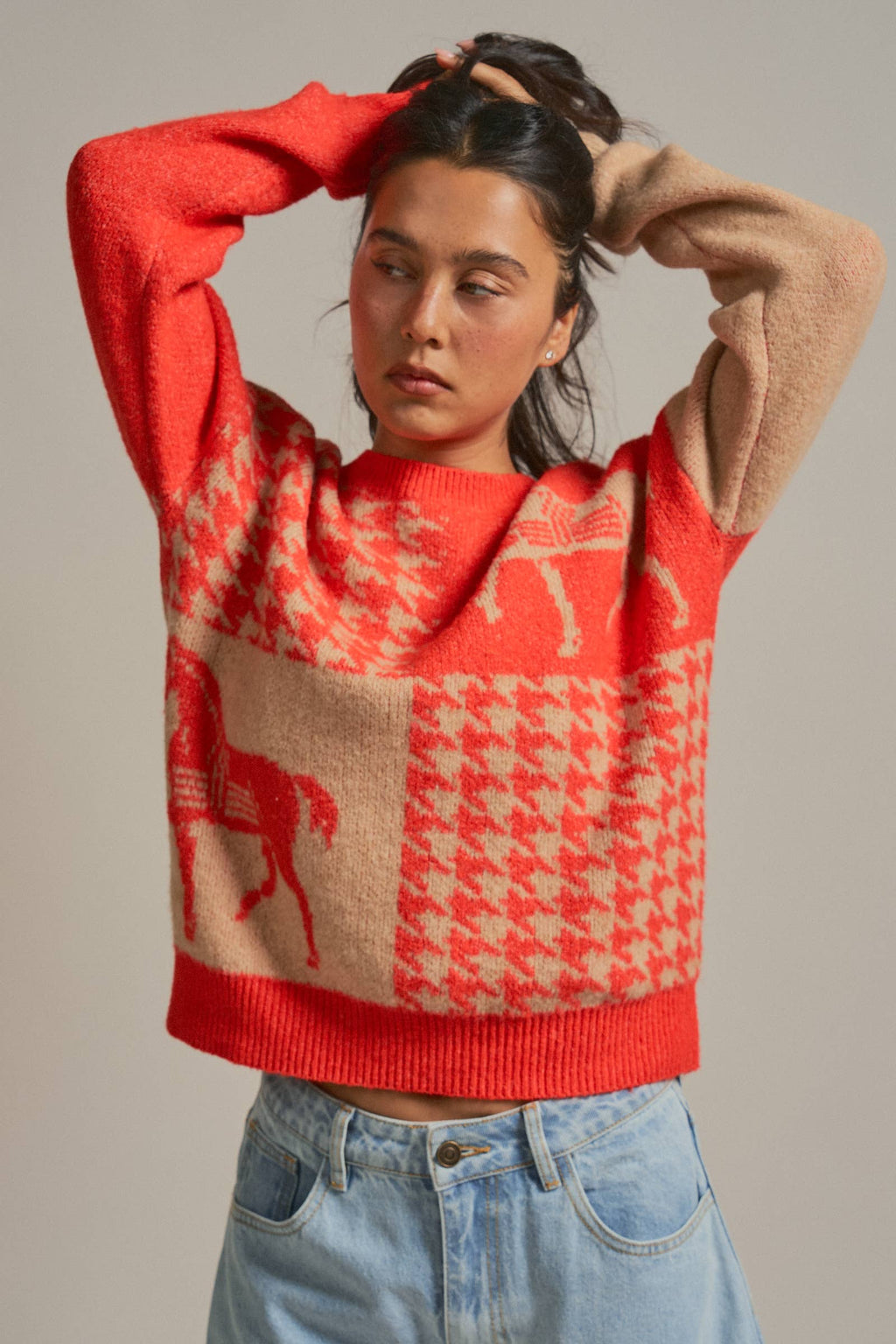 Houndstooth Horse Colorblock Knit Sweater