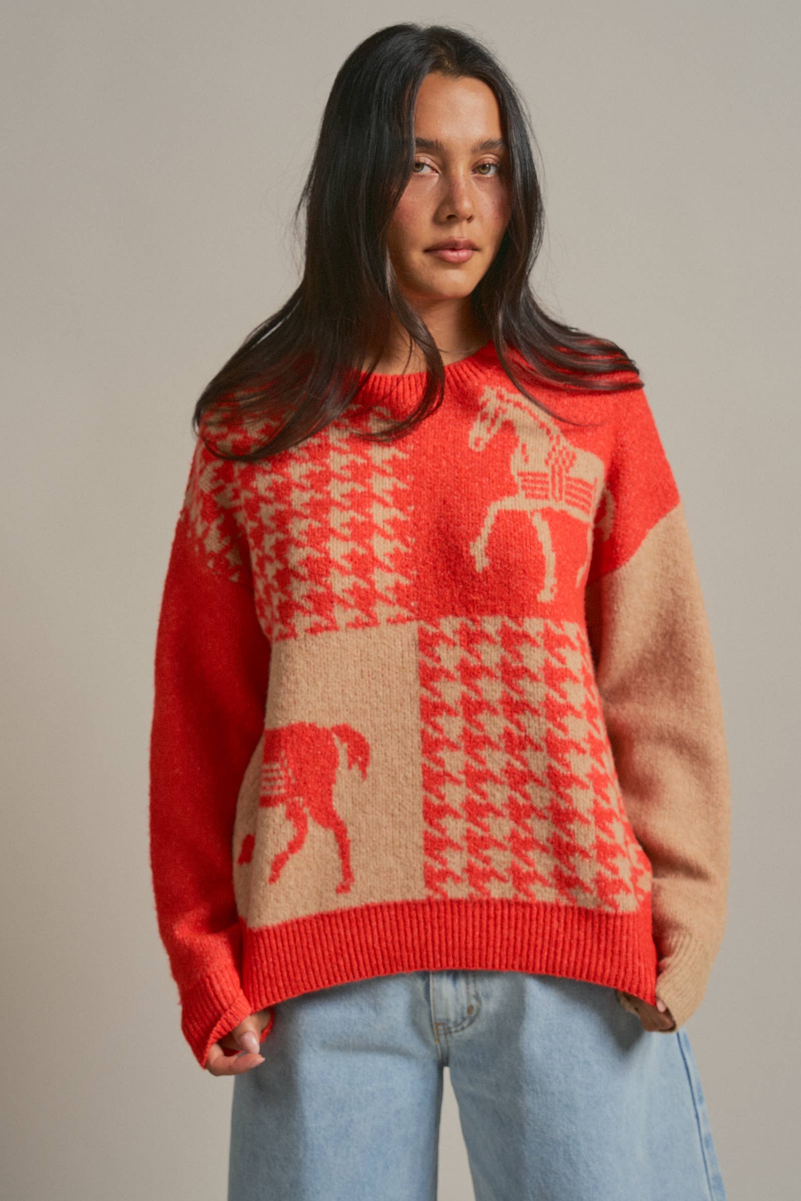 Houndstooth Horse Colorblock Knit Sweater