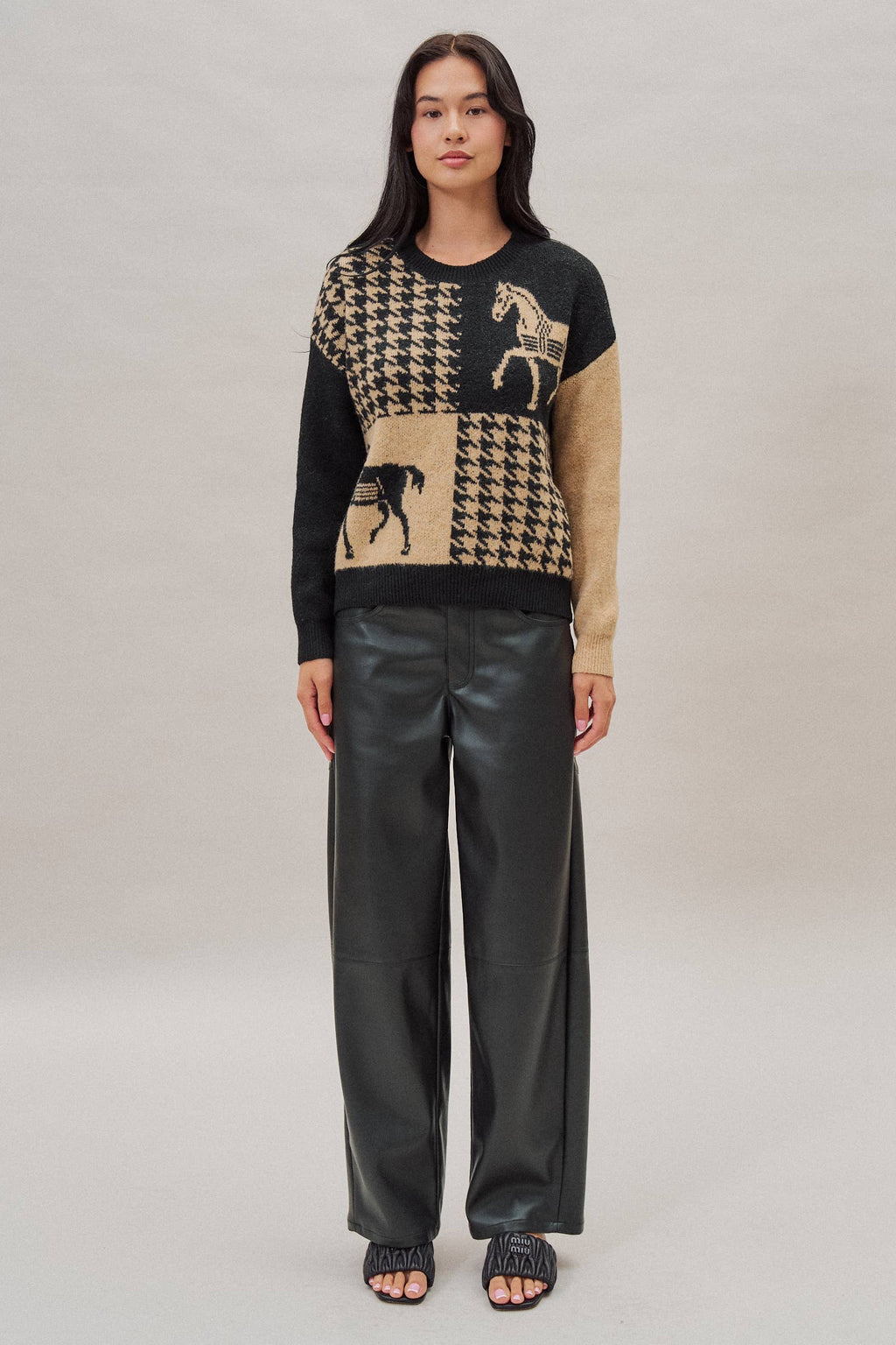 Houndstooth Horse Colorblock Knit Sweater