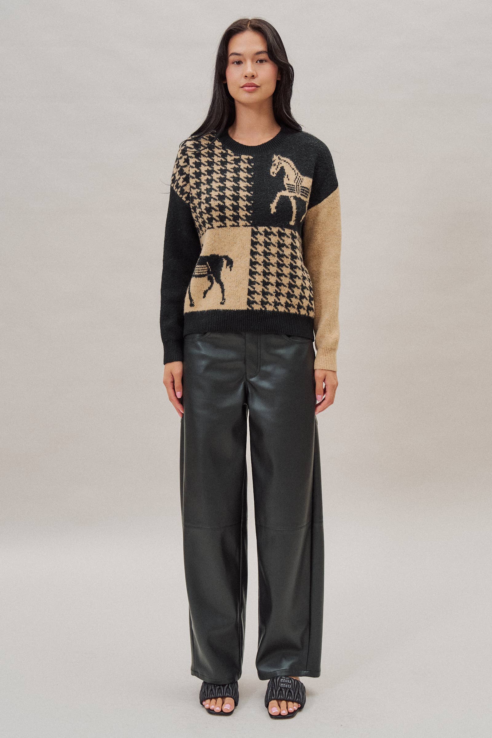 Houndstooth Horse Colorblock Knit Sweater