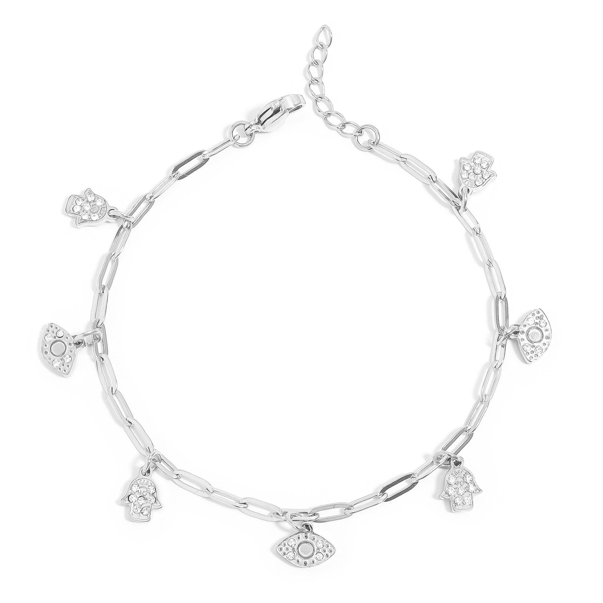 18K Gold PVD Hamsa & Evil Eye Paperclip Chain Charm Bracelet