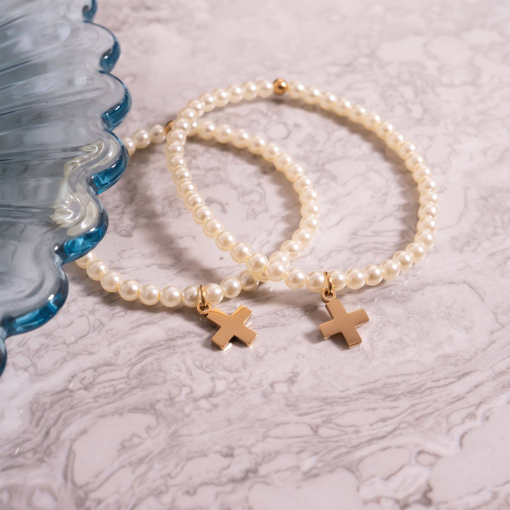 18K Gold PVD Cross Charm Pearl Beaded Bracelet
