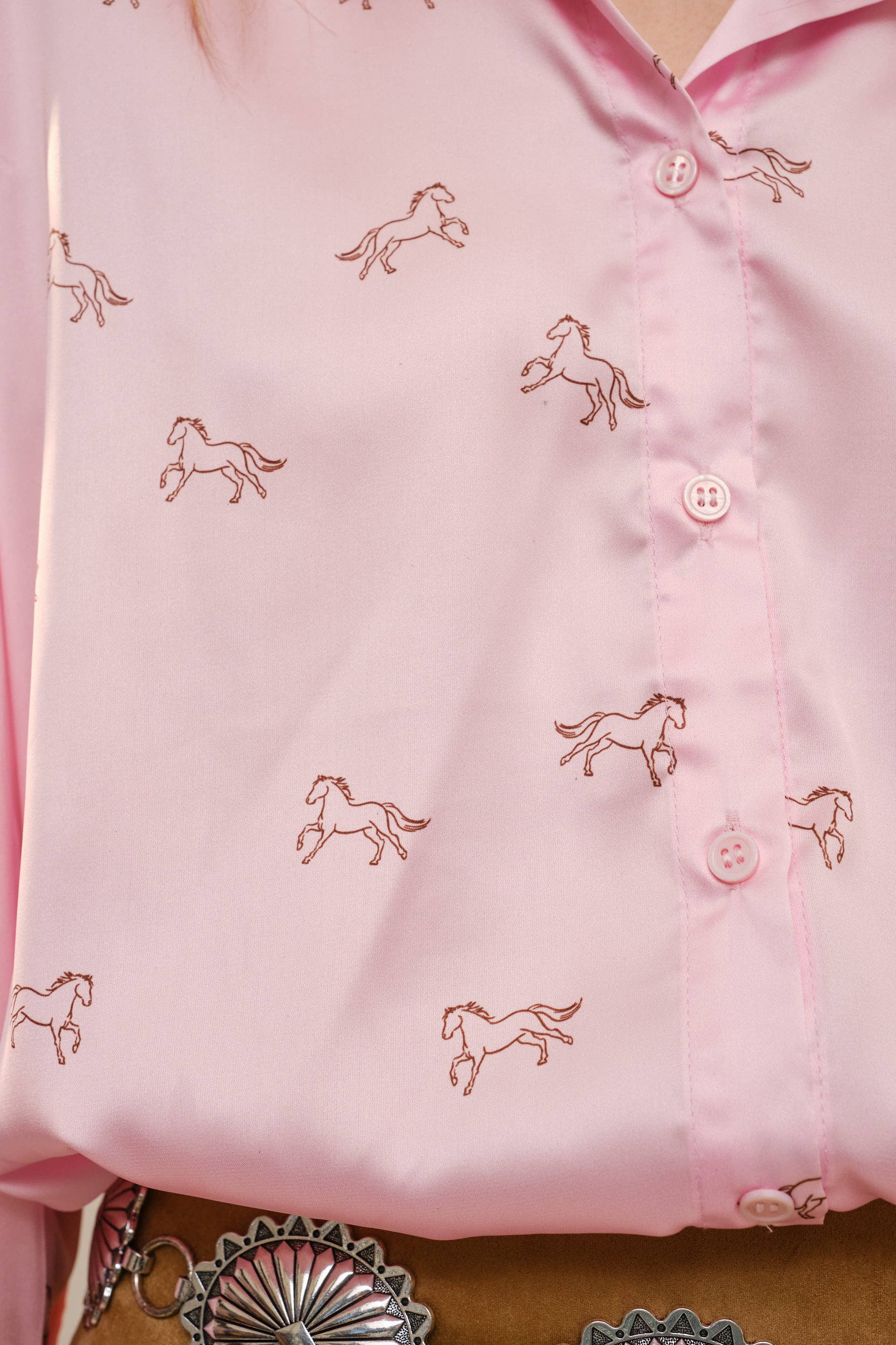 Satin Horse Motif 3/4 Sleeve Button Blouse