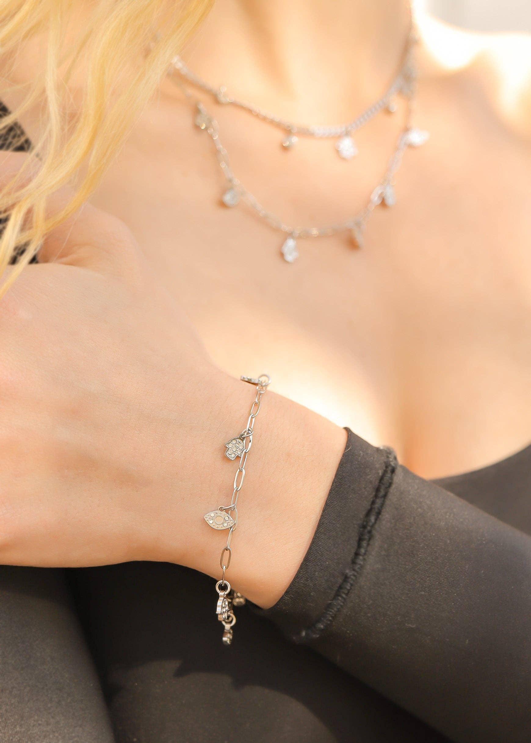 18K Gold PVD Hamsa & Evil Eye Paperclip Chain Charm Bracelet