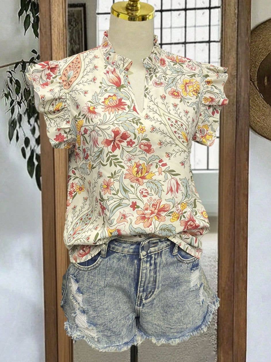 Retro floral print shirt ruffle flutter sleeve blouse
