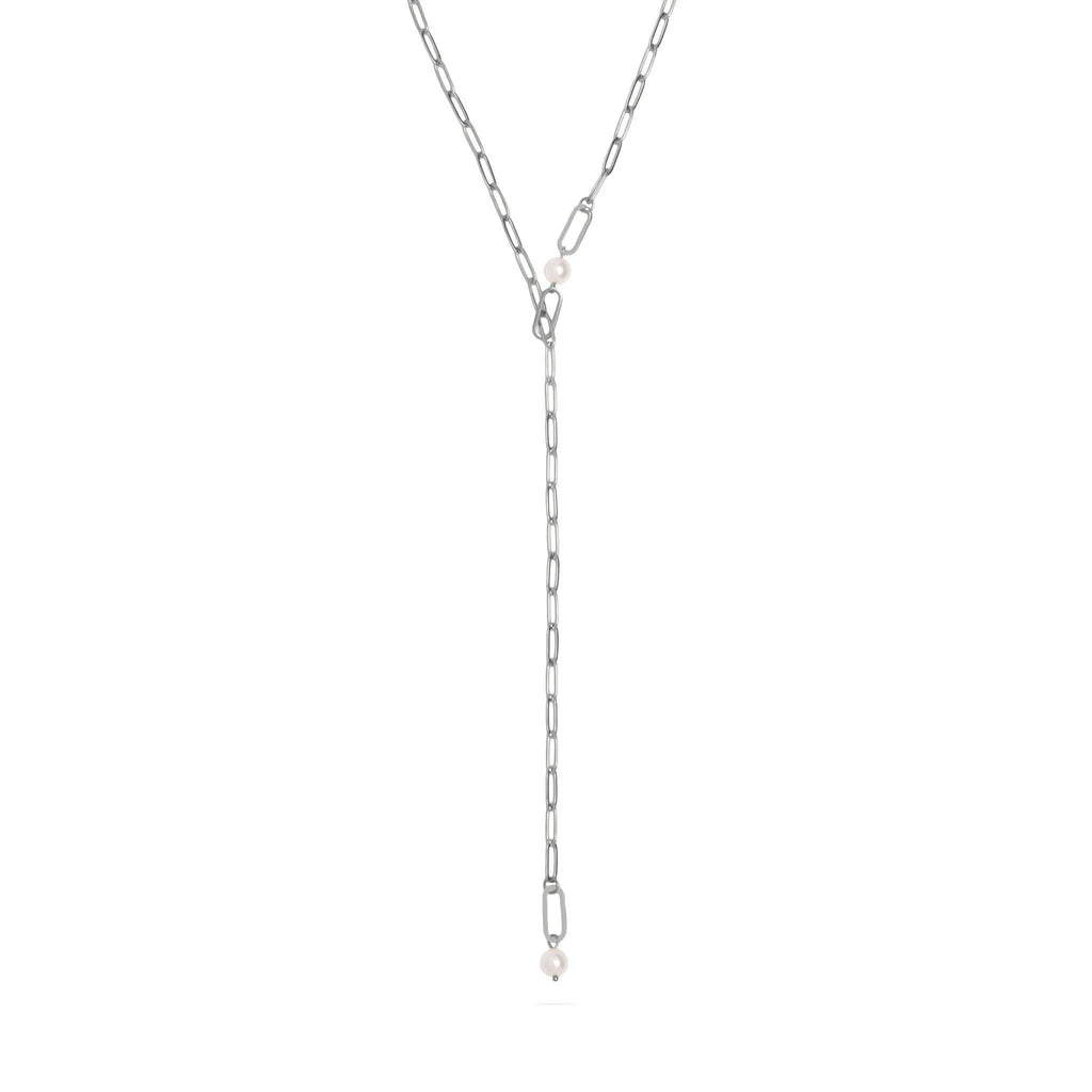 18K Gold PVD Stainless Steel Y Paperclip Necklace with Pearl