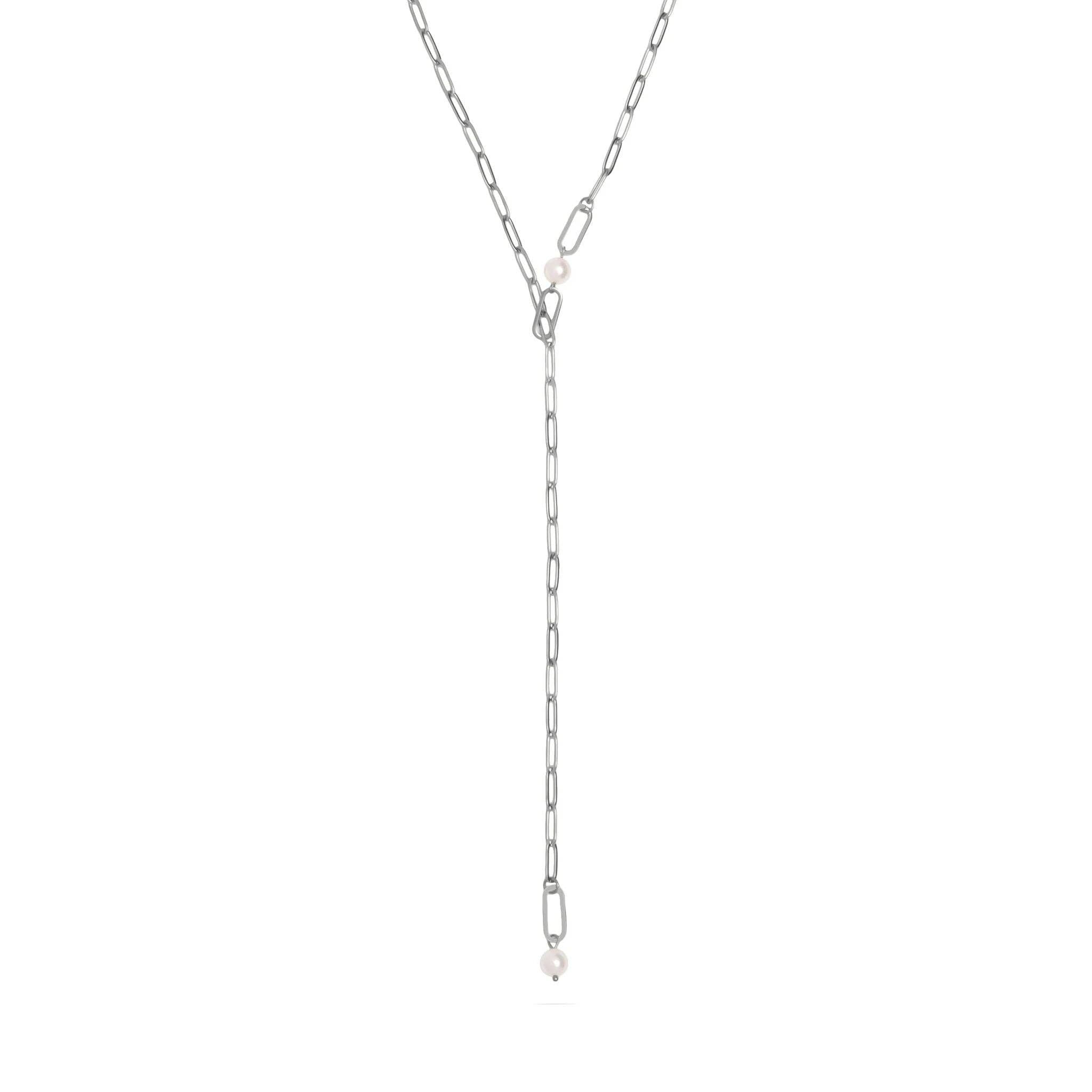 18K Gold PVD Stainless Steel Y Paperclip Necklace with Pearl