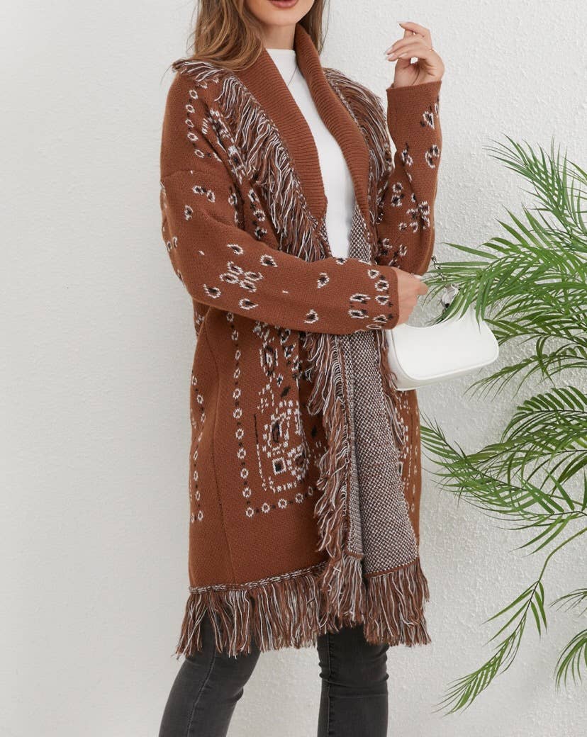 Western boho jacquard fringed open-front cardigan