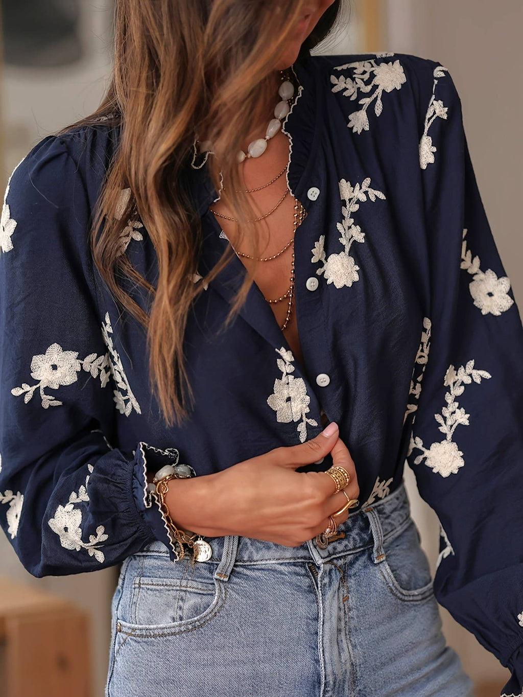 Romance Boho Ecru Floral Ruffled Blouse