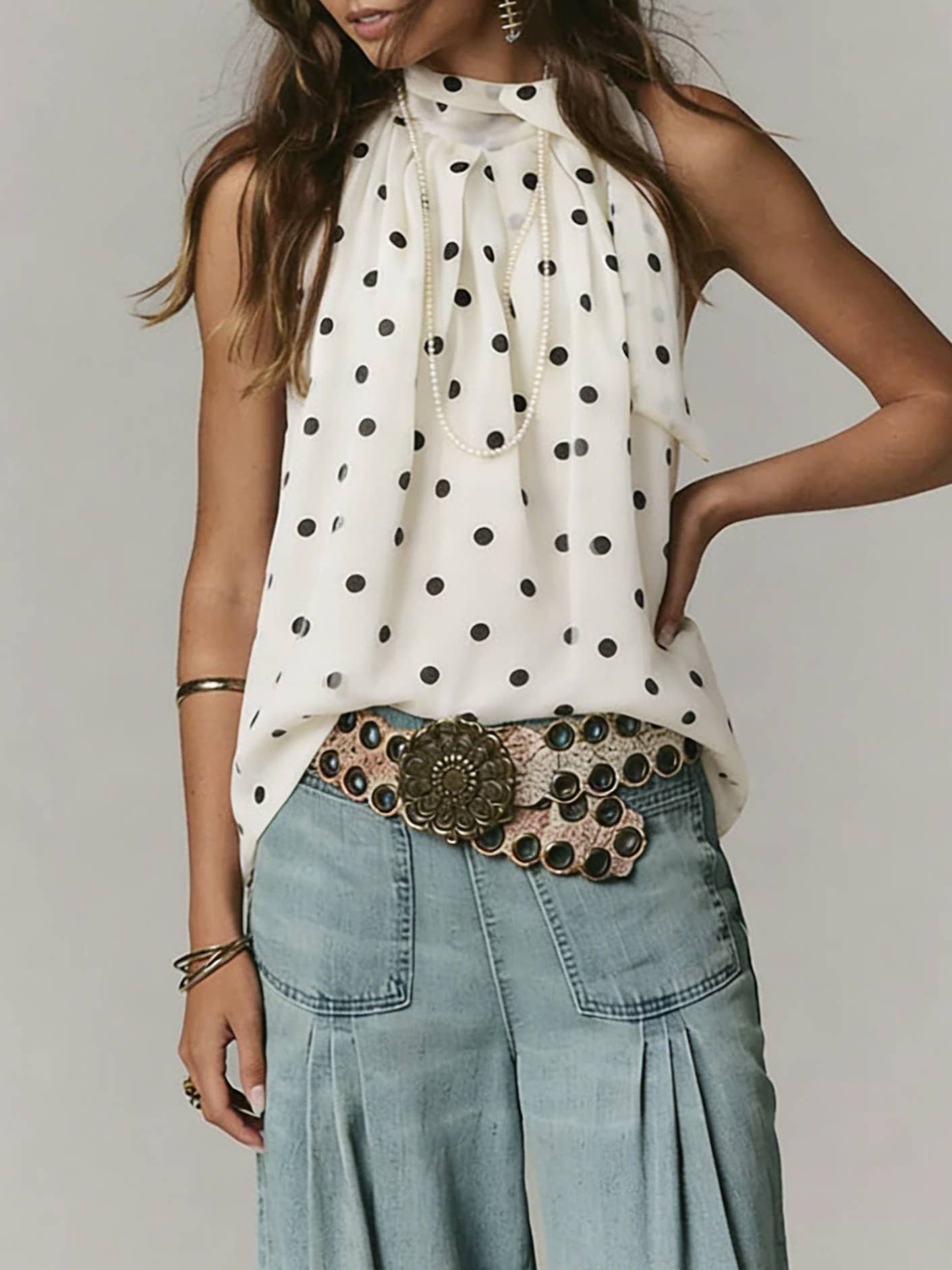 Polka dot tie neck loose fit flowy sleeveless blouse top