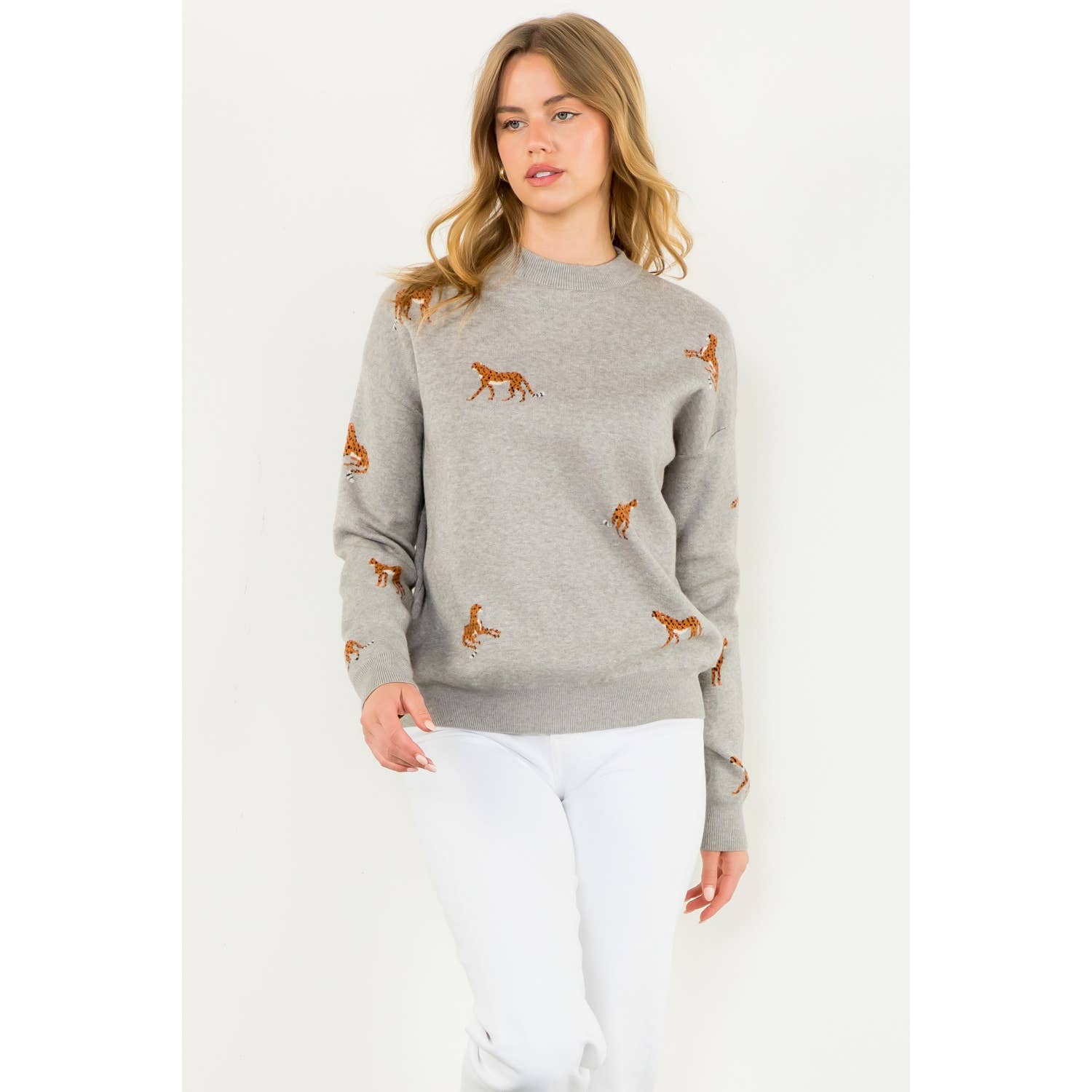 Embroidered Cheetah Crew Neck Sweater