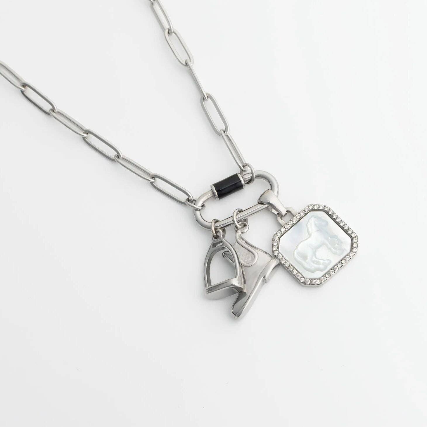 18K Gold Stainless Steel MOP Horse With CZ Stone Pendant