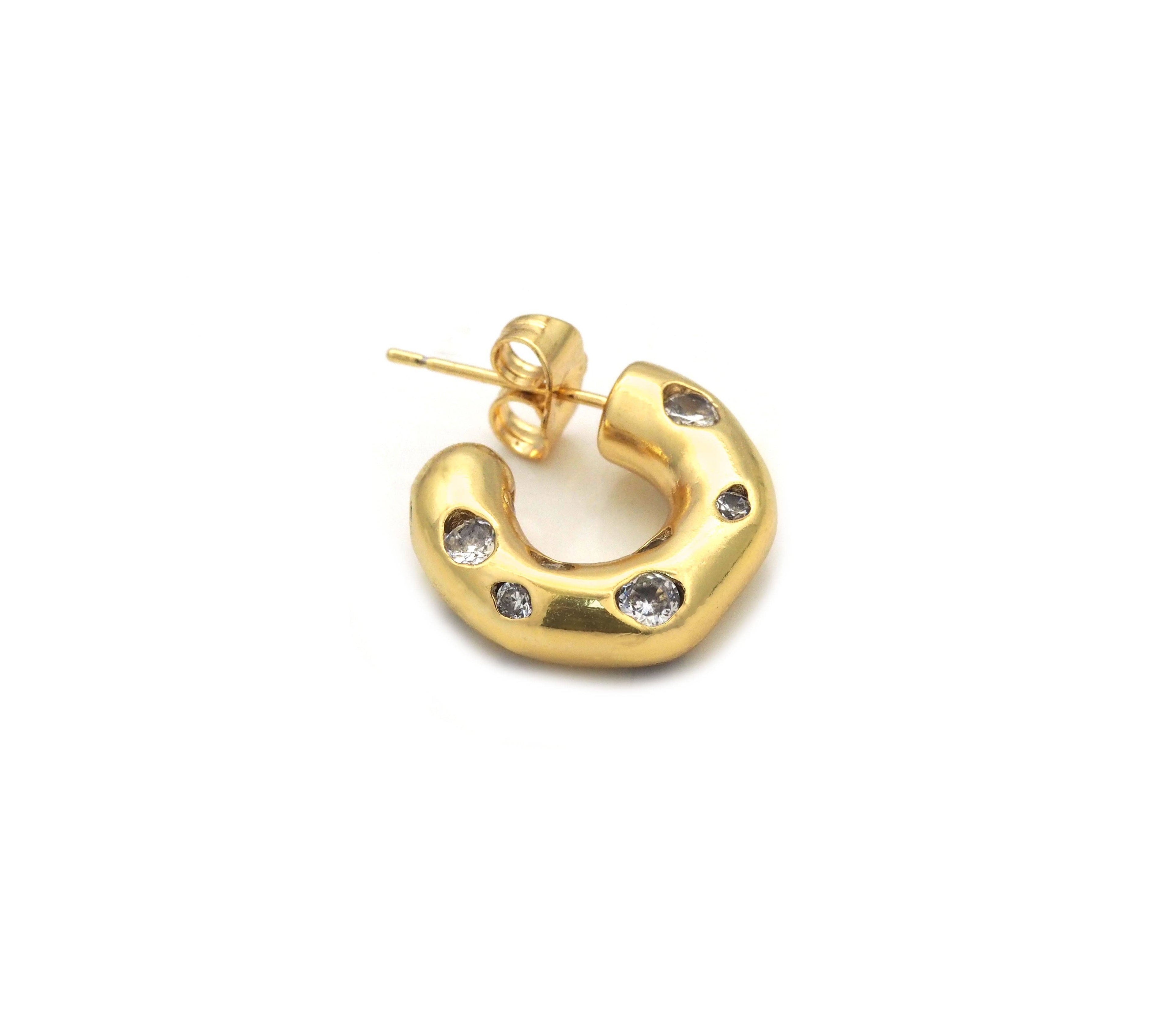 Clear CZ Gold Thick Hoop Stud Earrings, Sku#LX189